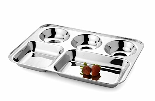 Image of 5 in1 Round Extra Deep Compartment Divided Plate, Thali, Bhojan Thali, Mess Tray, Dinner Plate Set Kitchen & Dining, Silver - Set of 8