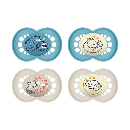 MAM MAM SkinSoft - Juego de 4 chupetes para bebé de material sostenible y orgánico renovable, tetina de silicona SkinSoft con estuche, 6-16 meses, oso zorro, azul luna y beige