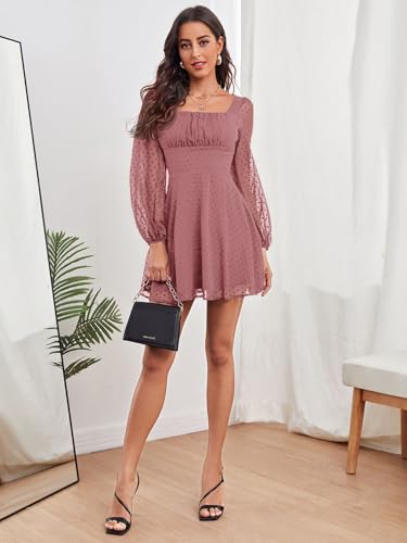 Image of Women's Polka Swiss Dots Square Neck Dress Lantern Long Sleeve Dress for Women Chiffon Mini Dress