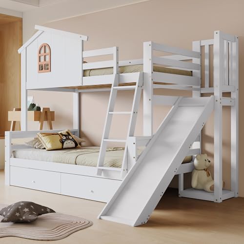Laxnb Kinderbett Bett 90x200 & 120x200 cm Etagenbett 2 Kinder, Hochbett mit Leiter und Rutsche, Hausbett mit Stauraum 2 Schubladen, Holzbett...
