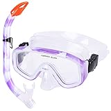 Kids Snorkel Set, Children Anti-Fog Diving Mask Swimming Goggles Dry Top Snorkel Equipment Snorkeling Packages Swimming Gear for Youth Boys Girls Age 5-10 (Purple White)