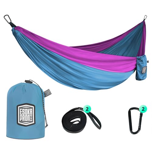 Portable-HammockLightweight-Camping-Hammock-for-AdultKid-with-Tree-Straps-CarabinersGreat-for-OutdoorIndoorBeachCamping-BluePink