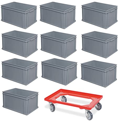 BRB 10er SPAR-Set Euro-Behälter PLUS Transportroller, 600x400x320 mm, Griffleisten, Industriequalität lebensmittelecht grau