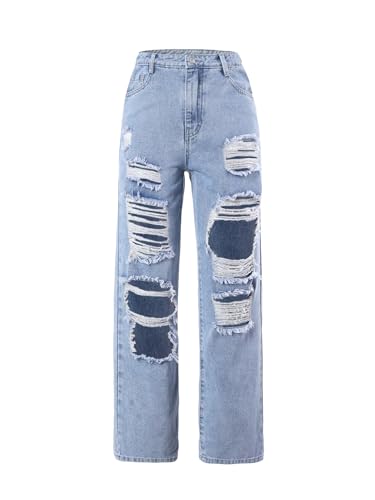 Floerns Girls Elastic Waist Distressed Ripped Straight Leg Denim Jeans