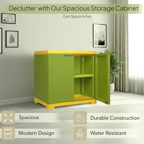 Image of Cello Novelty Compact Bookshelf, Green & Yellow | 2 Dustproof Doors | Space Saving Cupboard | Plastic Book Shelf | Multipurpose Book Shelf for Home, Office | Book Organizer for Library