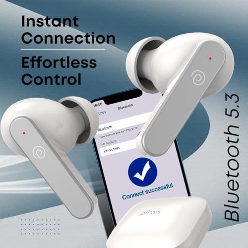 Image of pTron Bassbuds Gomax in-Ear TWS Earbuds w /Dual HD Mic & AI-ENC Calls, 36Hrs Playtime, Pristine Sound, 13mm Drivers, Bluetooth 5.3 Wireless Headphones, Voice Assist, Type-C Charging & IPX5 (Snow)