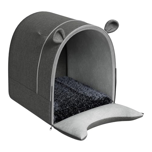 EUGAD Hundehaus Hundehöhle Katzenhaus Katzenhöhle, Hundehöhle 2-in-1 Hundehütte, Großes Haustierhaus mit Plüschkissen,Faltbar Hundehütten 60x55x60cm