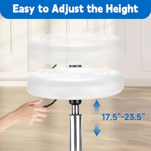 Image of Round Rolling Stool: Adjustable Height, 360Smooth Swivel, Stool with Wheels and Footrest, PU Leather, Rolling Stool Chair Compact for Massage, Tattoo, Salon Stool Weight Capacity 300LBS (White)