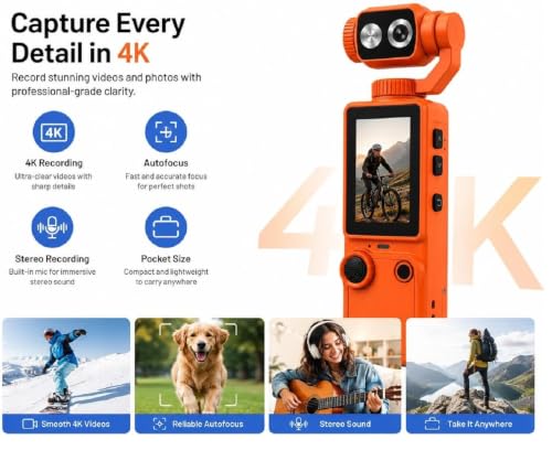 Image of 4K Digital Vlogging Camera, 180 Rotating Camera Head, Autofocus, Pocket Video Camera with Stereo Mic for YouTube, Travel, Blogging, Selfie, Live Streaming & Outdoor Recording