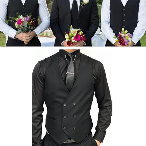 Men Black Double Breasted Suit Vest Fashion Groom Tuxedo Waistcoat Gilet Business Casual Tank Top for Prom Party (Color : A, Size : Medium)3