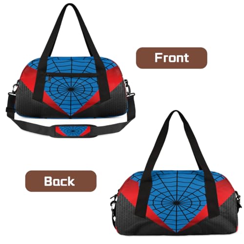 Gym Travel Duffle Bag for Boys - Blue Red Spider Web Kids Overnighter Weekend Bag with Front Zipper Pocket for School Practice, Teens Carry-On Size Sleepover Bags4