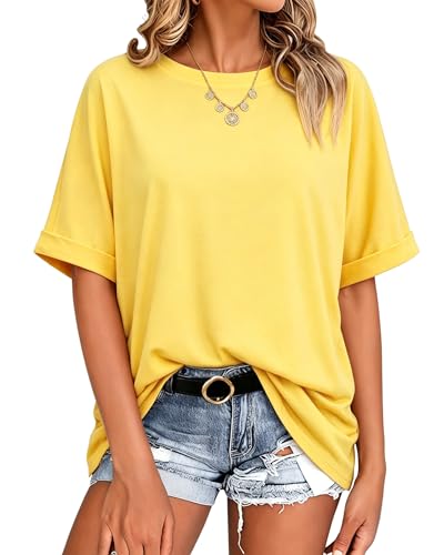 Image of Terecey Ladies Oversized T Shirt Crew Neck Longline Summer Top Yellow