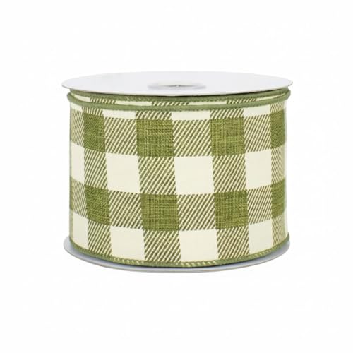 Image of Moss Green Plaid Wired Ribbon - 2 1 /2 inch x 10 Yards, Green Natural Tartan, Spring, Fall Decor, Autumn, Christmas, Wreath, Gingham, Gift Decor, Bow Decoration, Mardi Gras, St. Patrick's Day, Easter