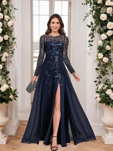 IIF Mother of The Bride Dresses for Wedding Mermaid Chiffon Lace Sequin Formal Evening Dress with Slit IIF1793