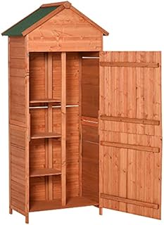 Outsunny 84 x 52cm Garden Shed 4-Tier Wooden Garden Outdoor Shed 3 Shelves Utility Gardener Cabinet Lockable Double Doors Tool Kit Storage - Teak