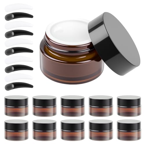 11 Pcs Tarros de Vidrio con Tapa 20ml, Contenedores de Cosméticos Tarros Viaje, Tarro de Crema Vacío, Frasco Vidrio ámbar, Frascos de Muestra Botes Vacios para Lociones Cosméticos + 10 espátulas