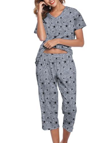 ENJOYNIGHT 2 Pack Womens Pajama Sets Cotton Short Sleeve Top with Capri Pants Summer Pjs Sleepwear2
