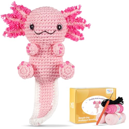 MOREJMTT Crochet Kit for Beginners, Learn to Crochet, Include Easy Knitting Soft Yarn, Step-by-Step Video Tutorial, Hook, Holiday Birthday Gift for Adults (Happy Axolotl)