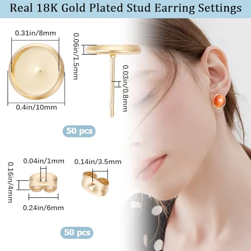 Beebeecraft 1 Box 50Pcs Post Stud Earring Findings 18K Gold Plated Round Prong Blank Earring Cabochon Settings with 8mm Tray and 50Pcs Ear Nuts for DIY Earrings Jewelry Making - Image 2