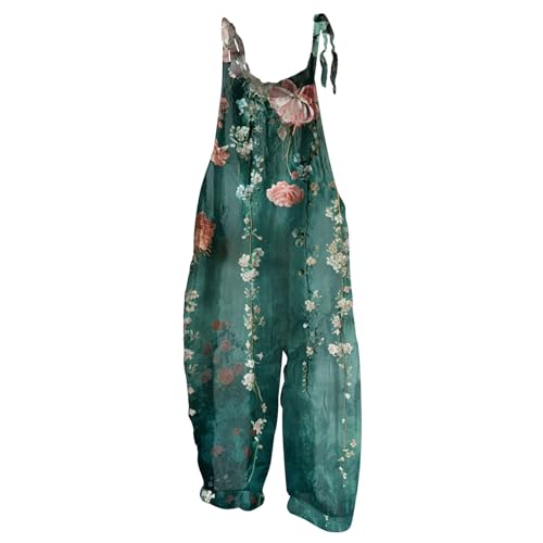 RMBLYfeiye Jumpsuit Mit Schleife Damen Hosenanzug Elegant 2 Teilig Anzug Sportlich Blumen Bedruckt Vintage Baumwoll Leinen Lang Weites Bein Spaghetti