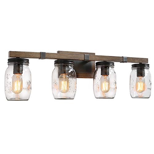 LOG BARN Rustic Bathroom Vanity Light with Mason Jar Glass, Farmhouse 4-Light Sconces Wall Lighting, Faux-Wood Finish, 29 inches
