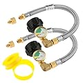TEENGSE 2Pack RV Stainless Propane Hose with Gauge, 12inch Braided RV Gas Hose, Propane Pigtail Hose, 1/4" Male NPT +1/4" Inverted Male Flare for Camper Standard Two-Stage Regulator