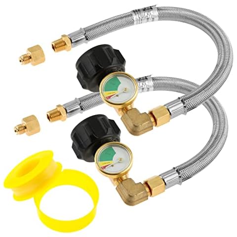 TEENGSE 2Pack RV Stainless Propane Hose with Gauge, 12inch Braided RV Gas Hose, Propane Pigtail Hose, 1/4" Male NPT +1/4" Inverted Male Flare for Camper Standard Two-Stage Regulator Cover