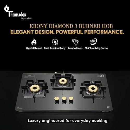 Image of Thermador 3 Burner Diamond Hobtop Gas Stove With Manual Ignition. Toughened Glass Top,Brass Burners,Stainless Steel Drip Tray,Anti-Skid Pan Support- LPG Compatible Kitchen Cooktop