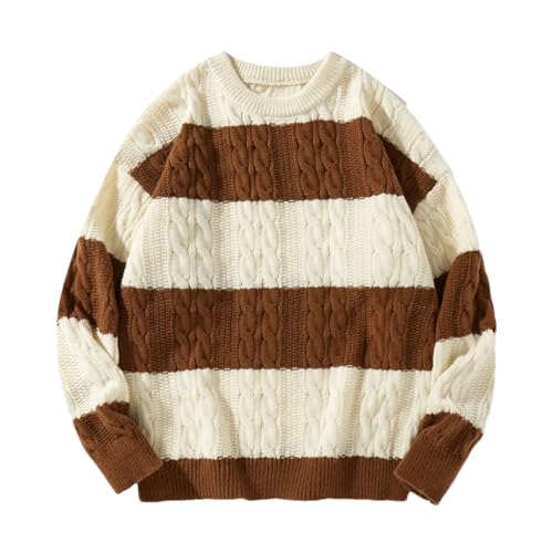 Men Fall Winter Color Blocking Stripe Knit Sweater Retro Style Loose Round Neck Knit Pullovers