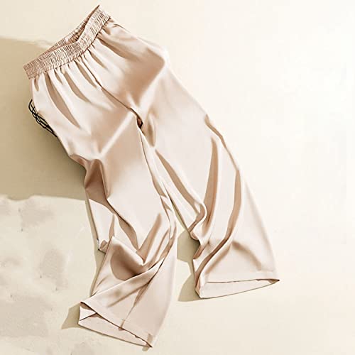 Damen Satin Hose Mit Weitem Bein - Sommer Damen Lockere Hose Mit Weitem Bein Mode Seide Champagner Dünne Gerade Hose Mit Hoher Taille Einfarbige Kurze Hose Lässig Verlängerte Wischhose,Champagn Cover