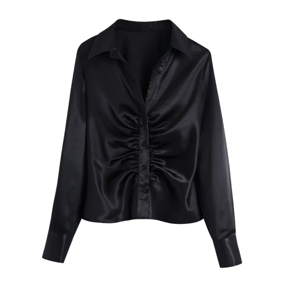 Camicia Uomo,Delle Donne Nero Solido Raso Di Seta Risvolto Bottone Volant Attillato Slim Fit Sexy Camicette Estive Tunica A Maniche Lunghe Elegante Casual Alla Moda Magliette E Camicette Camicia Da
