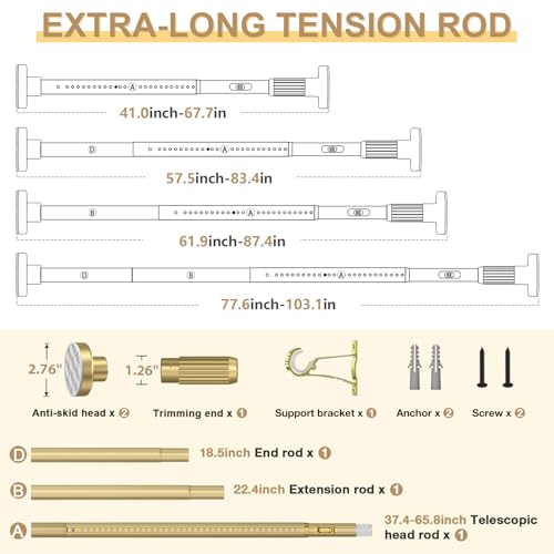 Image of Gold Tension Curtain Rod 41-100In(4-8Ft), Outdoor Curtain Rod No Drilling for Window or Patio, Heavy Duty Shower Tension Rod,Rod Diameter 1.26In-One-bond stretching