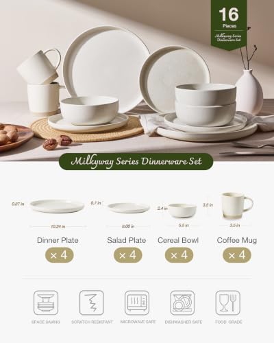 Image of Famiware Milkyway Stoneware Dinnerware Sets with Mugs, Service for 4 (16 Pieces), Reactive Glaze Plates and Bowls Sets, Microwave and Dishwasher Safe Dishes Set, Matte Beige White