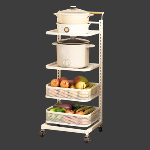 Carrito apilable para verduras con ruedas, carrito de almacenamiento de cocina negro, 4 tablas y 2 cestas, carrito rodante que ahorra espacio para despensa y cocina