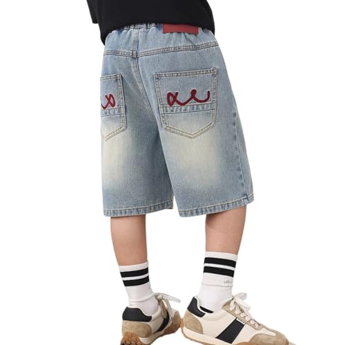 8-9 Years Boy's Baggy Jean Shorts Embroidery Elastic Waist Classic Jorts Wide Leg & Loose Fit Fashion Denim Shorts with Pockets Blue