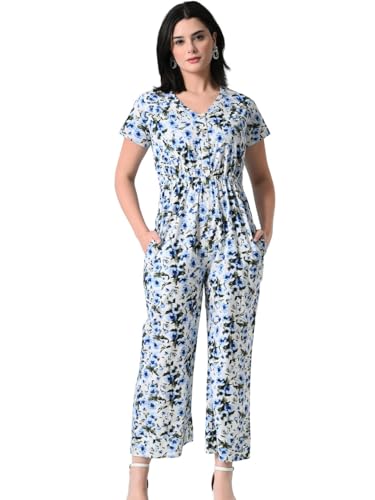 Image of Womens Summer Jumpsuits, Floral Printed Short Sleeve High Waisted Pockets V-Neck Beach Vacation Outfits