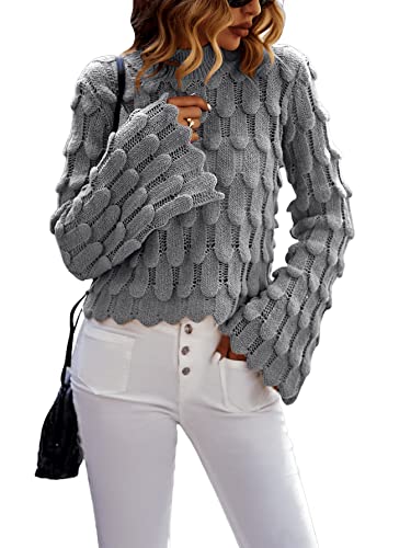 Sweatyrocks Women's Long Bell Sleeve Mock Neck Top Knitted Lightweight Pullover Sweater Light Grey L #TOP2