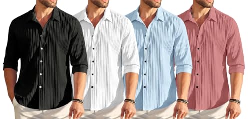 Image of FINIVO FASHION Combo of Men's Casual Cotton Plain Button Down Shirt Long Sleeve Textured Summer Beach Shirt for Men Pack of 4
