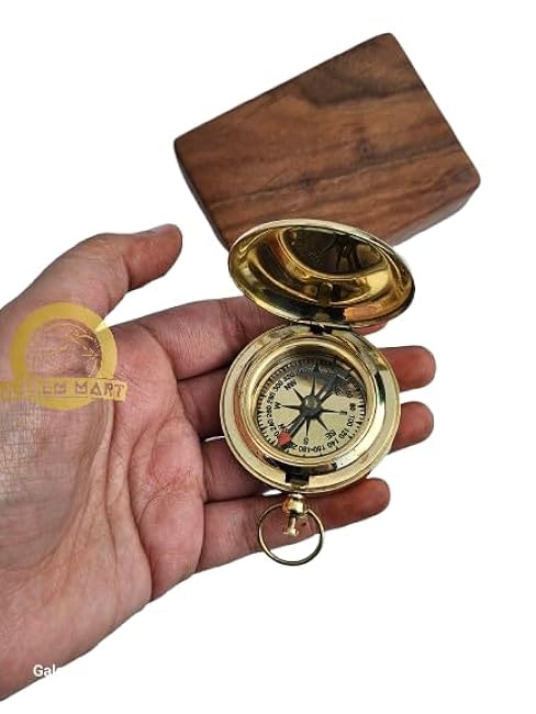 Handmade Brass Navigation Compass with Wooden Box Push Open Compass Antique Brass Sun Clock for Trekking Adventure Travel Gift for Hiking