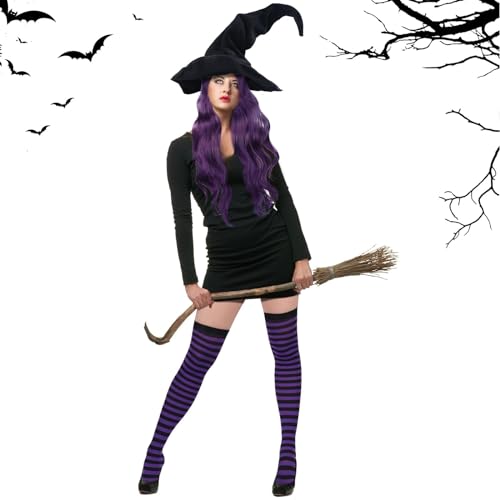 Booson 3Pcs Halloween Witch Costumes Set Black Pointed Witch Hat Dark Purple Cosplay Wig And Nylon Striped Stockings For Women Girl Halloween Cosplay Party Costume Accessory thumb #5