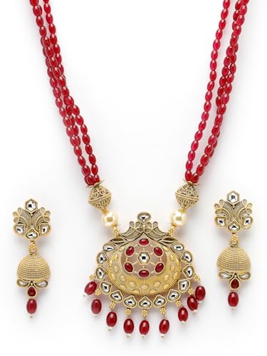 Image of Adiva Stylish Traditional Gold-Plated Kundan Stone Studded & Pearls Handcrafted Necklace with Earrings Jewellery Set for Women & Girls