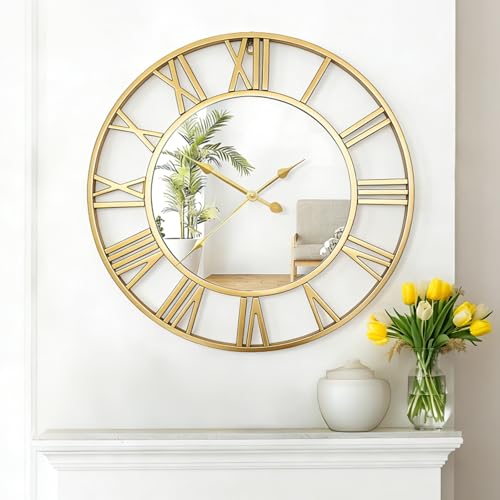 QHENS Orologio da Parete Grande 50CM, Orologio Parete Vintage Silenzioso con Specchio, Orologi da Parete Oro, 15dB, Numeri Romani in Metallo per Soggiorno/Camera/Studio
