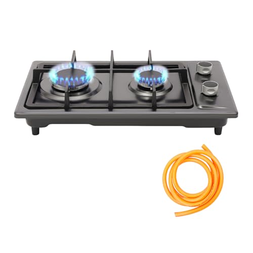 Cocina de gas, 2 fuegos con tubo de gas y válvula de reducción de presión, 3 kW + 1,75 kW, para cocina, oficina o camping, placa de cocción eléctrica de 2800 Pa para propano y gas natural (negro)