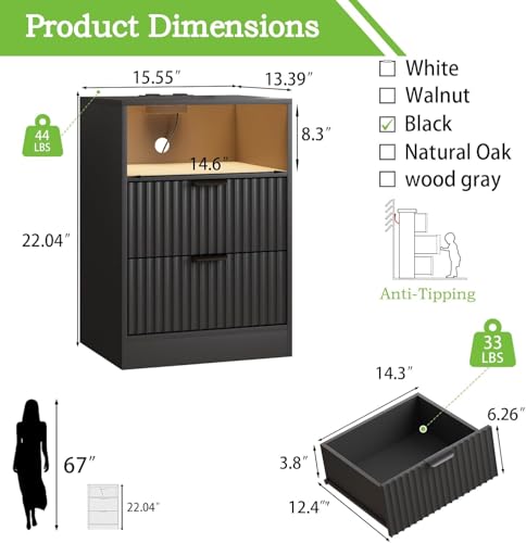 Image of Black Night Stand Set 2, LED Nightstand with Charging Station, Fluted Nightstands Set of 2 with 2 Drawers, Wood Side Table Living Room, End & Bedside Tables for Bedroom Sofa Office