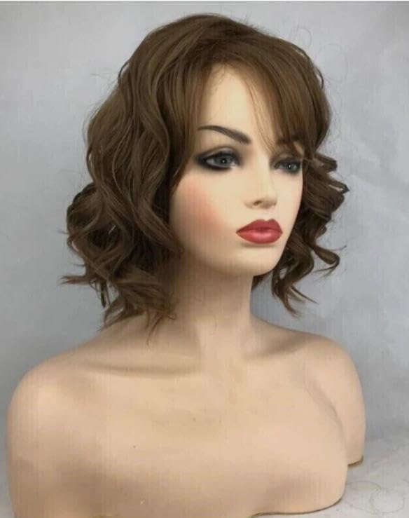 Image of 12-inch Medium Curly Wavy Brown Looking Rose Net for Daily Use with Bangs Natural Daily Party Wig (Dark Brown)