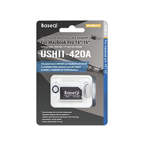 BASEQI UHS-II Adaptateur microSD en aluminium pour MacBook Pro 2021 M1 14" et 16" (argenté + bouchon anti-poussière HDMI)