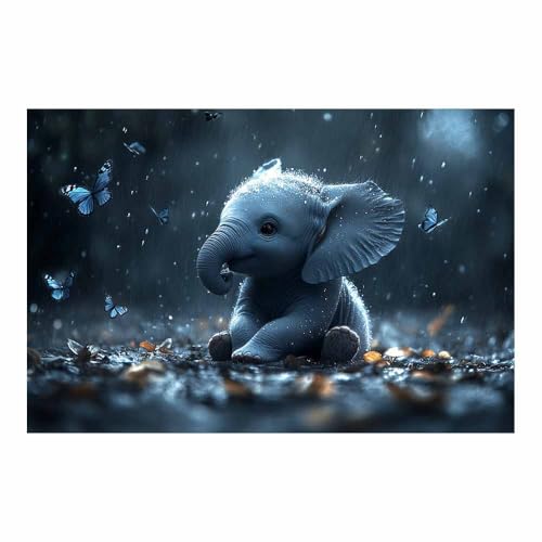 Impression sur toile éléphant et papillons bleus pour déco 70x100cm