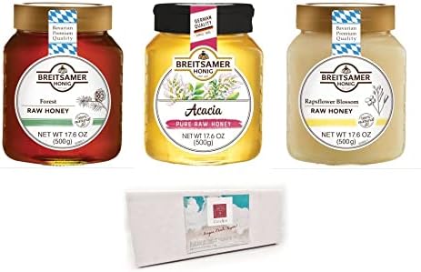 Breitsamer Raw Honey Jar Variety Bundle - Creamy Rapsflower, Acacia, Forest Honey 17.6 ounce jars.