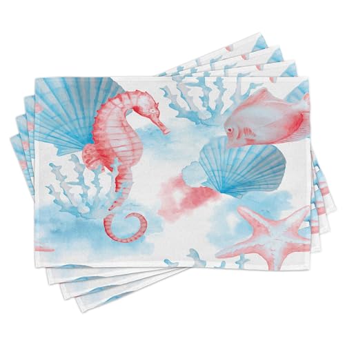 Lunarable Nautical Place Mats Set of 8, Shells Sea Horse Corals Fish Sandy Beach Exotic Watercolor Effect, Washable Fabric Placemats for Dining Table, Placemat 8 pcs, White Coral
