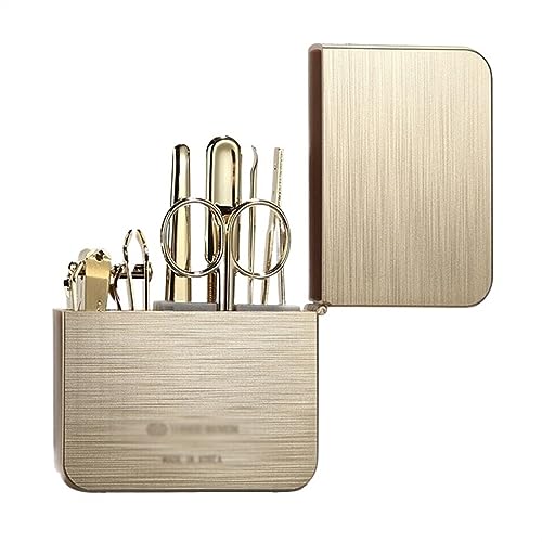 Juego de cortaúñas manual de 7 piezas, kit de cortaúñas de acero al carbono, kit portátil de aseo de viaje, herramientas de cuidado de uñas con lujoso estuche de cepillado de metal, dorado